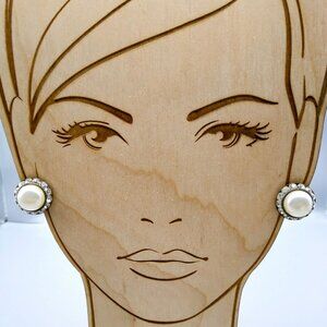 Vintage Crystal Halo Button Earrings, Classic White Faux Pearl, Clip On Glam